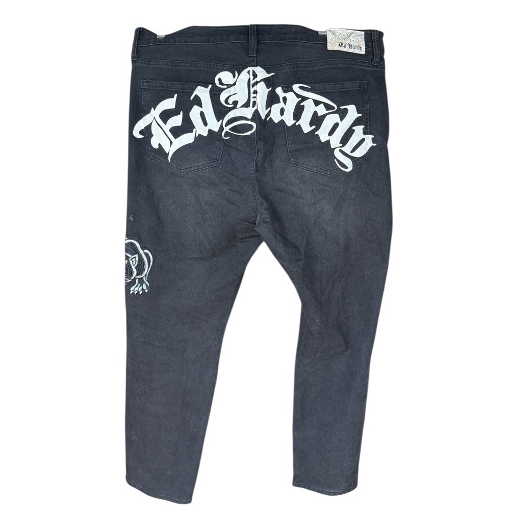 Ed Hardy Mens Jeans 40 Black Skull Panther Embroidered Y2K Tattoo Denim